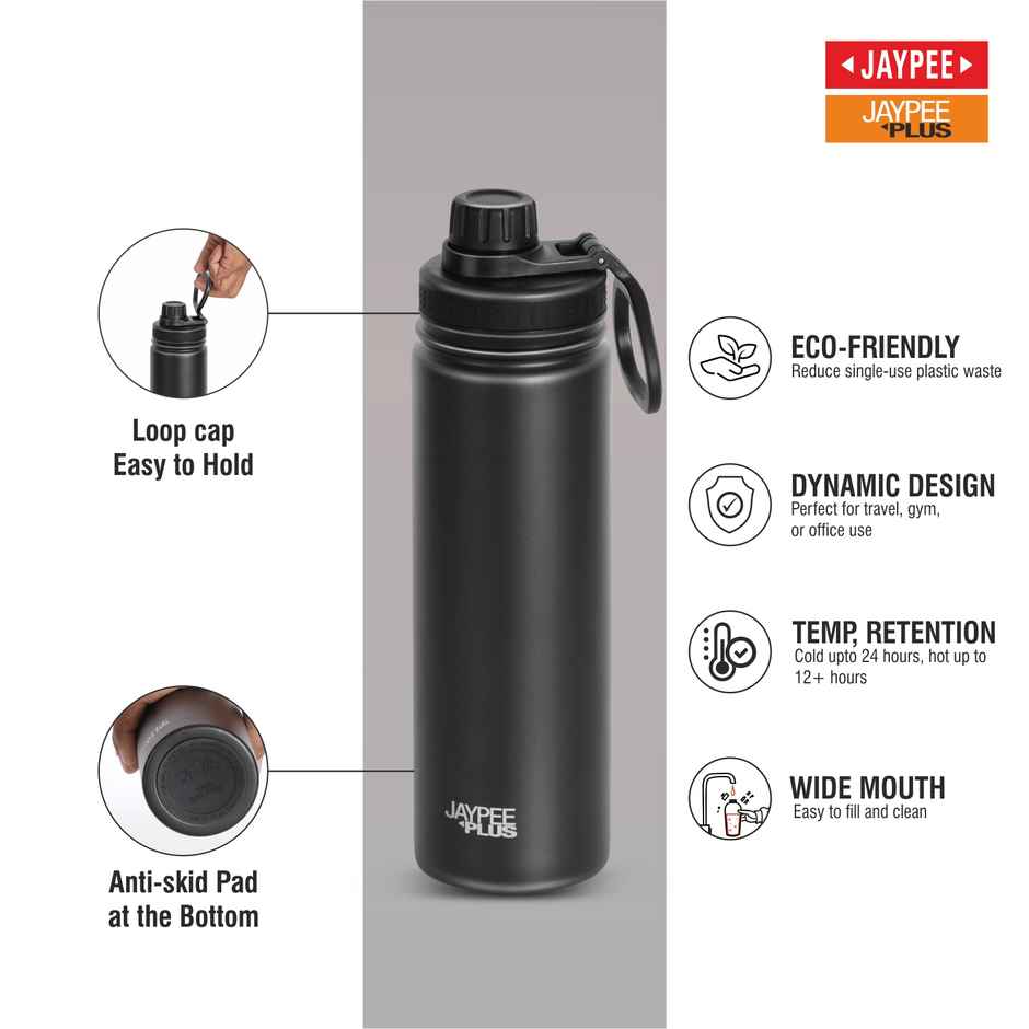 Jaypee Plus Hylux Vacuum Insulated Stainless Steel Bottle | ISI Certified | Black | 650 ml