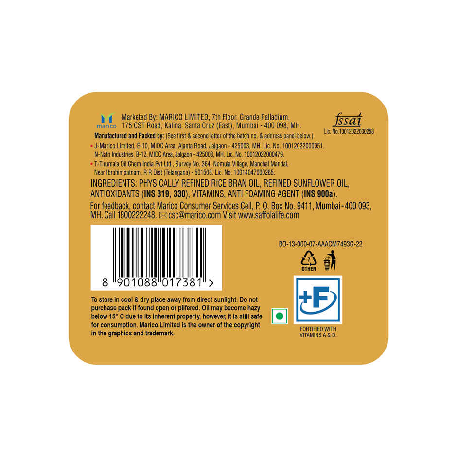 Saffola Gold | Rice Bran & Sunflower Multi-source Edible Oil | Less Oil Absorption | Vitamin A & D