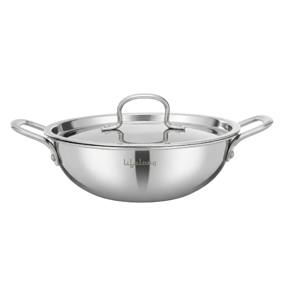 Lifelong Triply Deep Kadai | 24 cm | 2.8 L | With Lid | Induction & Gas Compatible