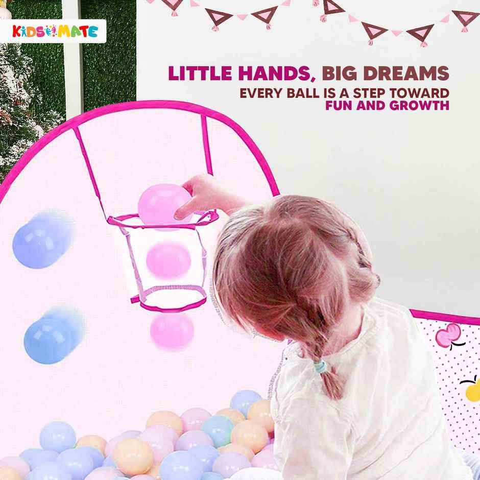 Kidsmate Foldable Hexa Ball Pool for Kids | Pop-Up Playhouse with Dotted Print & Mesh Walls | Pink