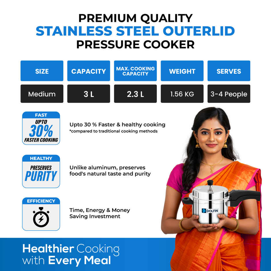 Dolfin Stainless Steel Outer Lid Pressure Cooker Induction Bottom - 3 L