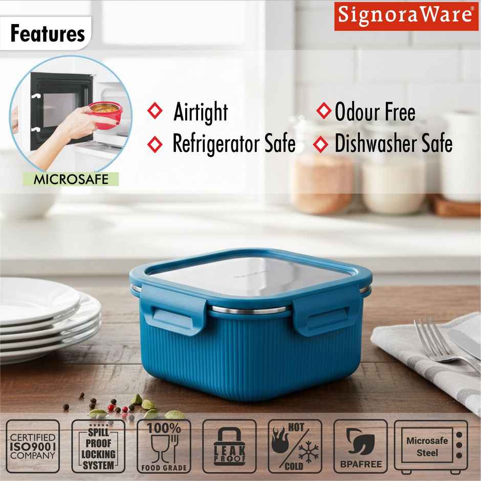 Signoraware Lock N Store Stainless Steel Square Container | 400 ml | Blue