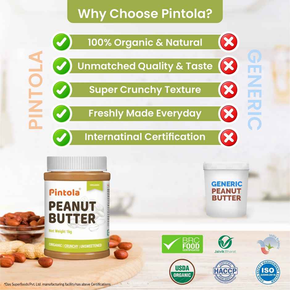 Pintola Organic Unsweetened Peanut Butter Crunchy - High Protein 30G & 9G Dietary Fiber