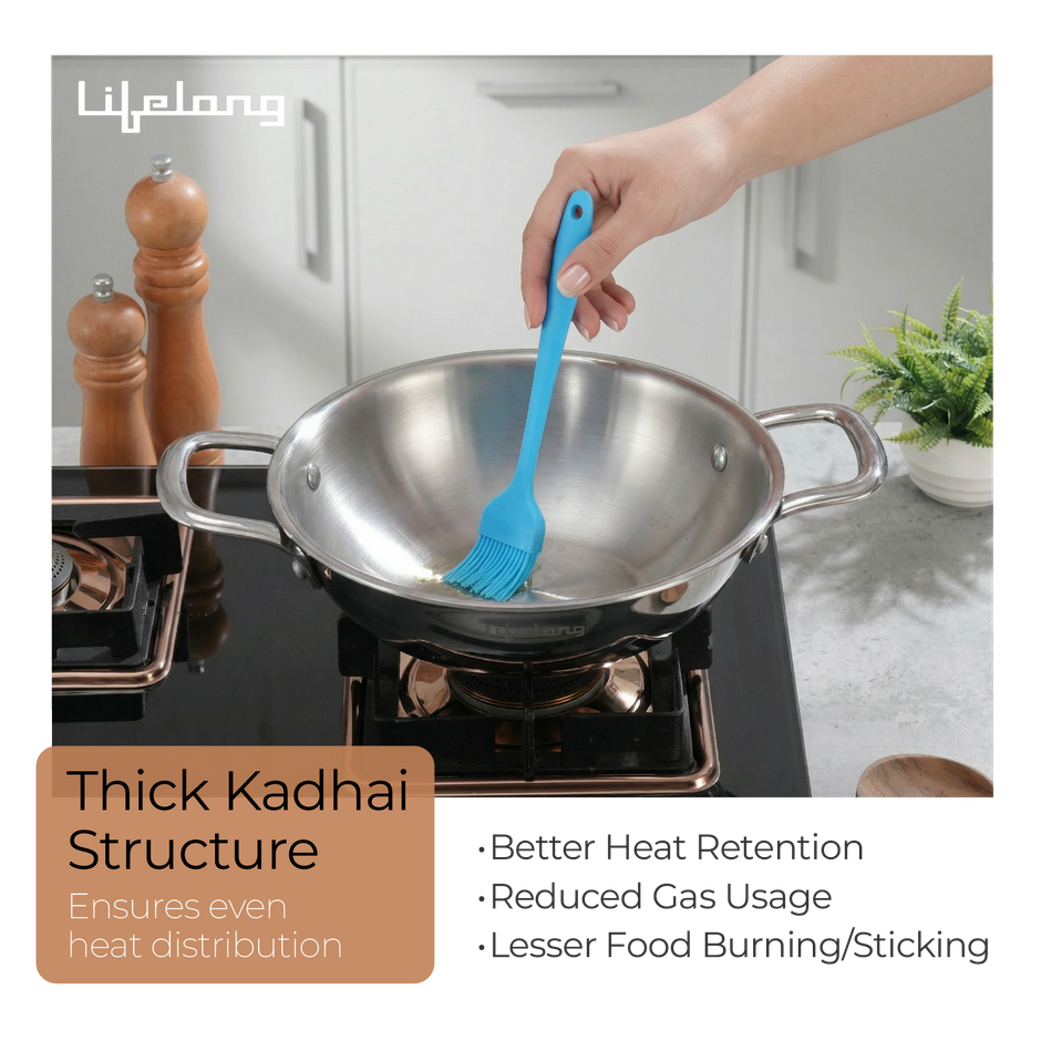 Lifelong Triply Deep Kadai | 24 cm | 2.8 L | With Lid | Induction & Gas Compatible