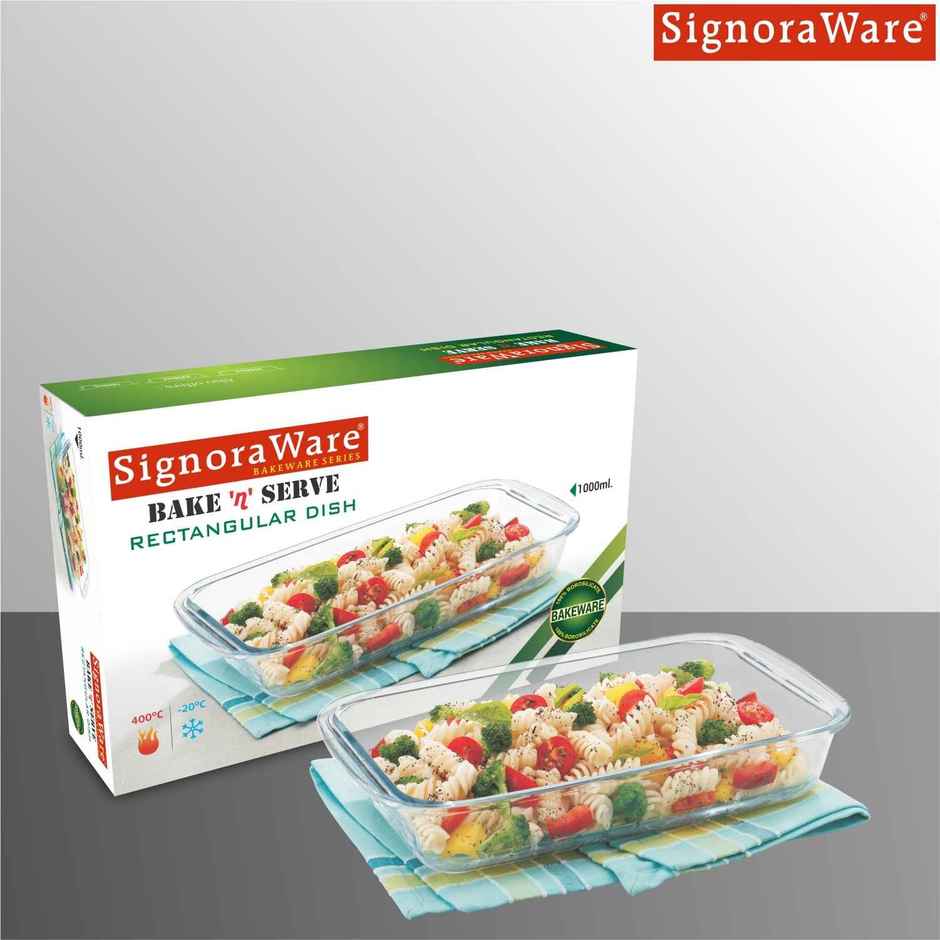 Signoraware Bake N Serve Rectangular Dish | 1000 ml | Clear | Baking Tray, Glass Bakeware