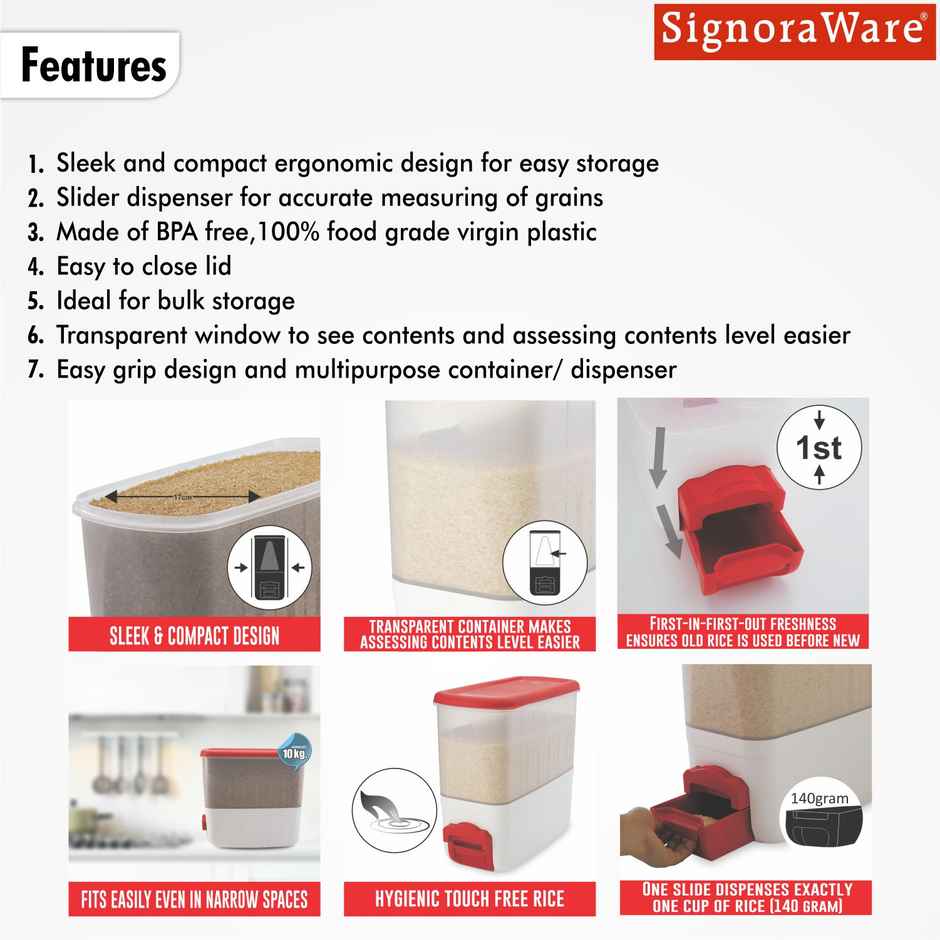 SignoraWare Rice And Pulses Dispenser cum Container | 10 Kg | Red