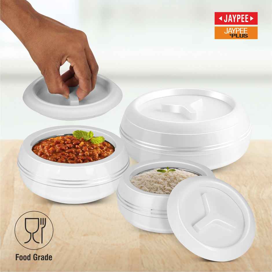 Jaypee Teen Bhoj Set of 3 Casseroles, Inner Stainless Steel, 600ml , 800ml & 1200ml | White