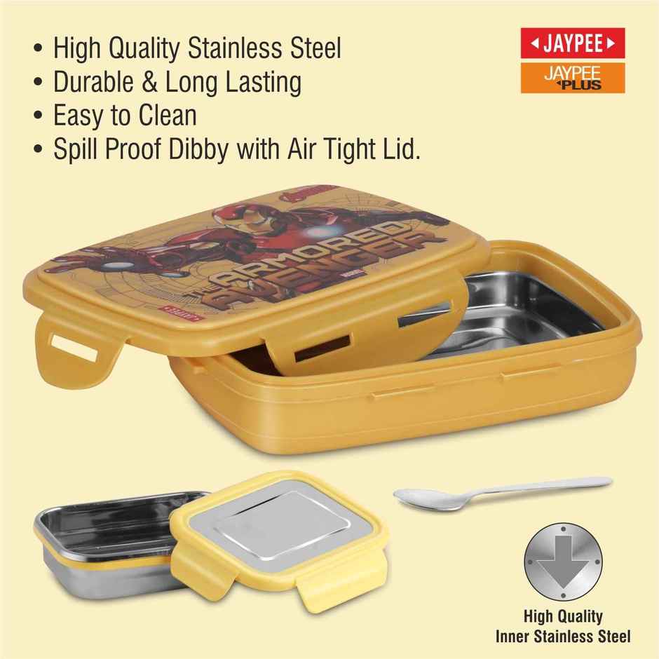Jaypee Steeltek Sr Insulated Airtight Lunch Box Marvel Avenger Print for School Kids, Yellow, 600ml