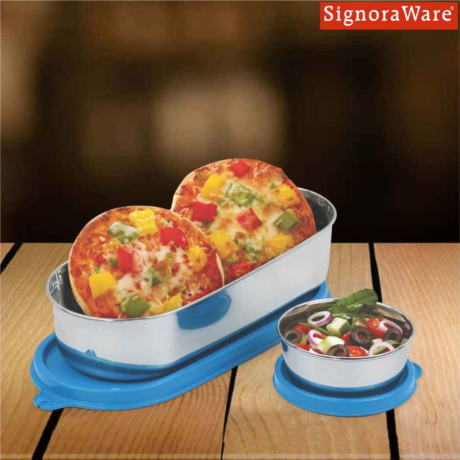 Signoraware Feast Oval Steel Lunch Box Food Grade Stainless Steel Blue