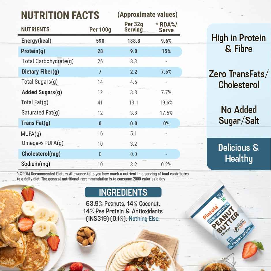 Pintola Coconut Jaggery Performance Series Peanut Butter (Crunchy) VEGan Protein 28% Protein