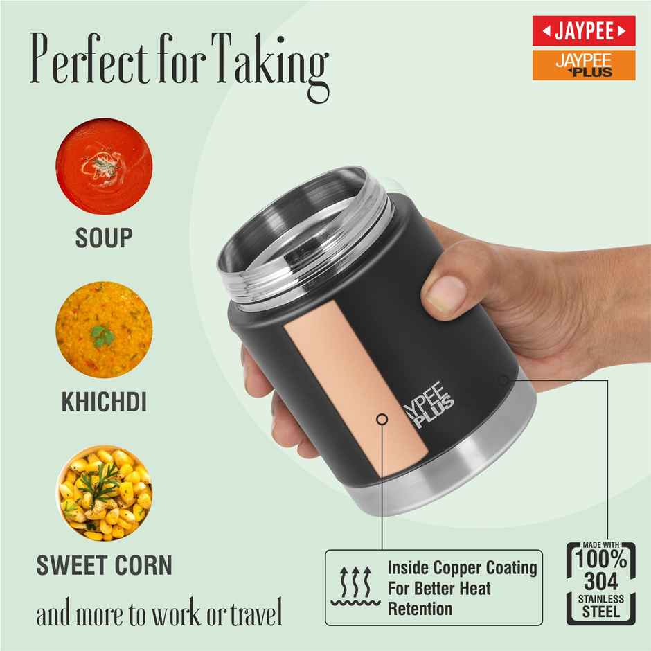 Jaypee Plus Nutri Jar Vacuum Insulated Stainless Steel Food Jar with Bag & Spoon | Black - 400ml