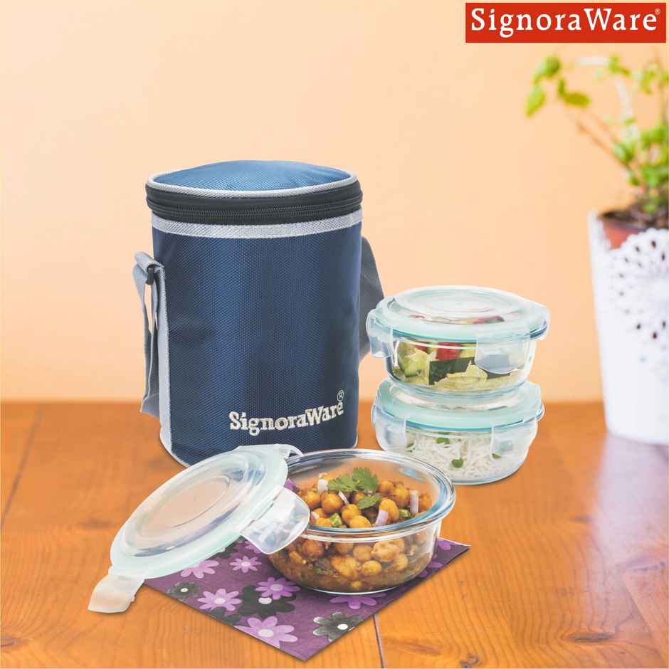 Signoraware Borosilicate Glass Lunch Box | Set of 3 | Clear | Glass Lunch Box Set