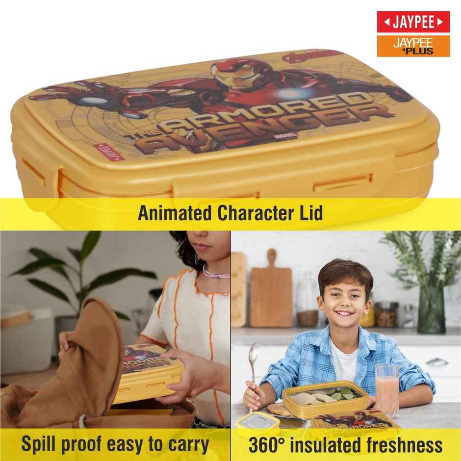 Jaypee Steeltek Sr Insulated Airtight Lunch Box Marvel Avenger Print for School Kids, Yellow, 600ml