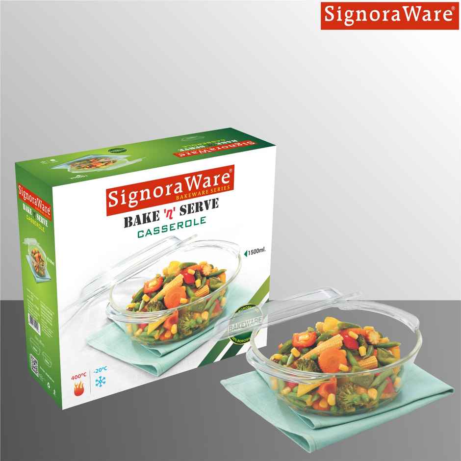 Signoraware Bake 'N' Serve Borosilicate Glass Casserole | 1500 ml | Transparent