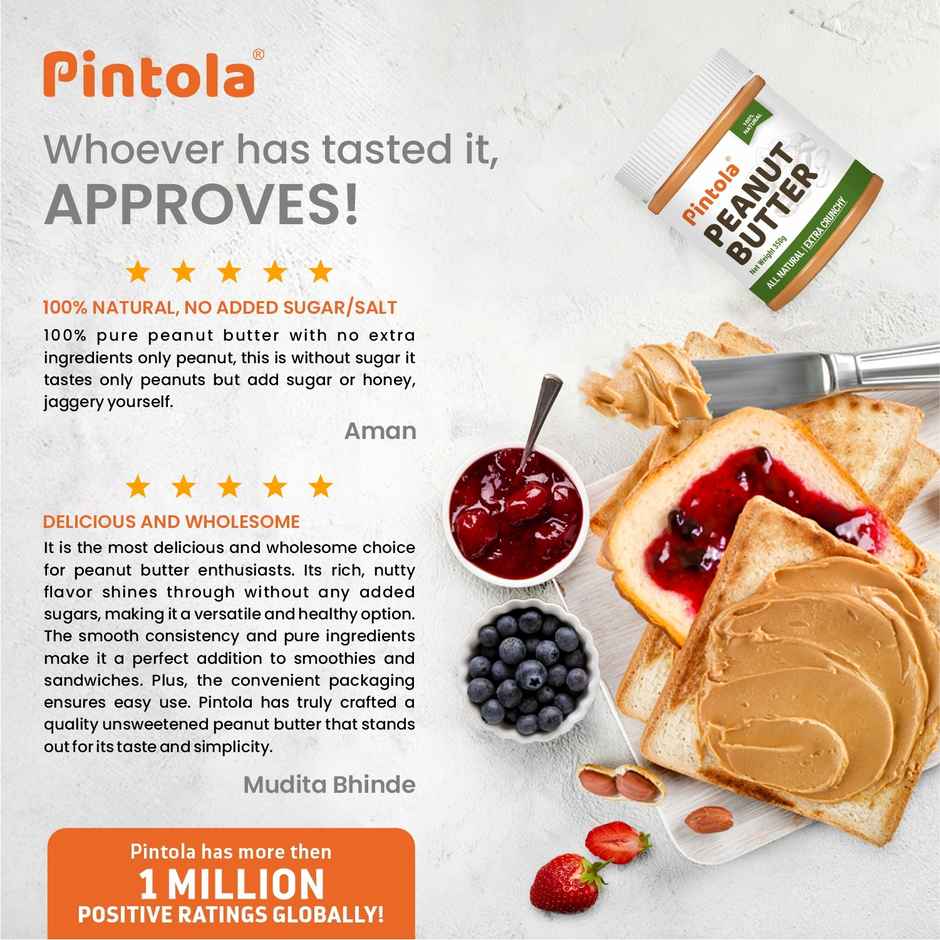 Pintola All Natural Peanut Butter, Extra Crunchy, Unsweetened, 30g Protein, Vegan, Gluten Free