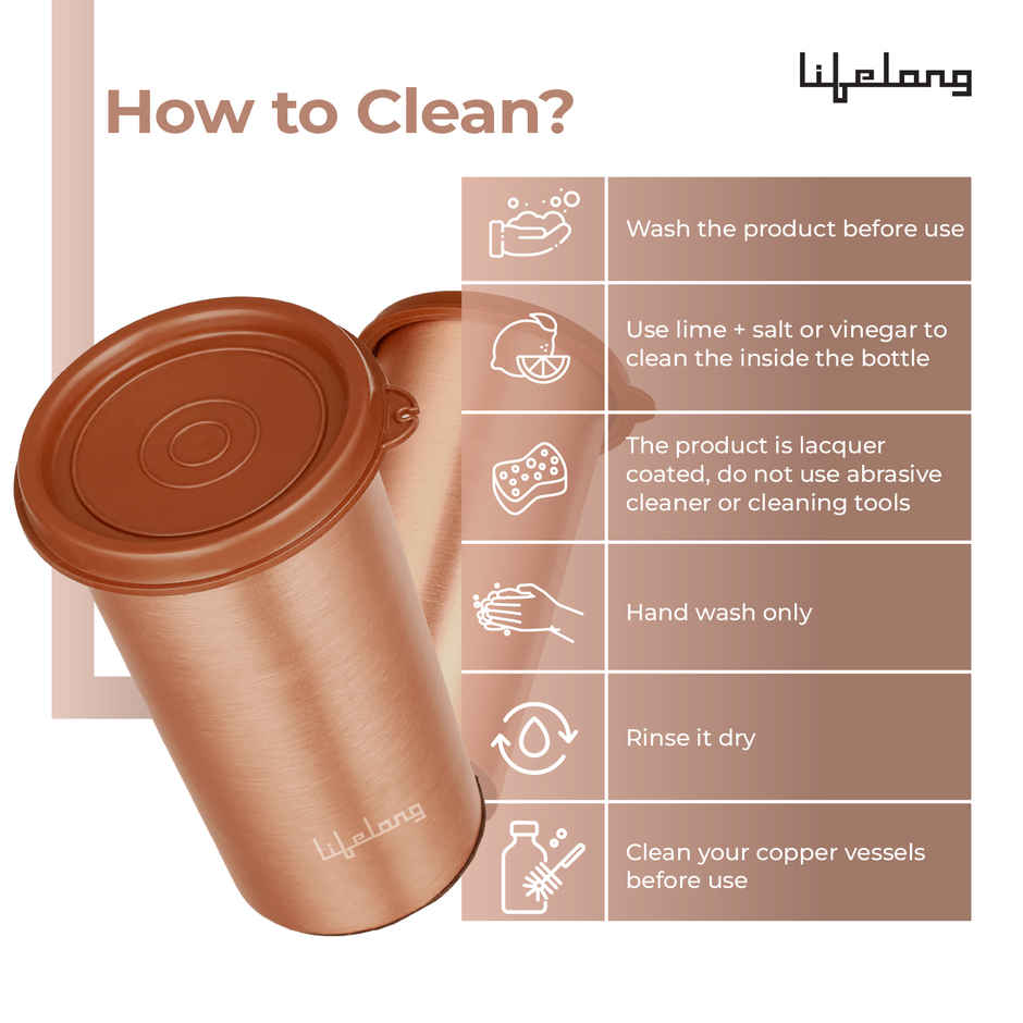 Lifelong Copper Water Tumbler with Lid | 480 ml