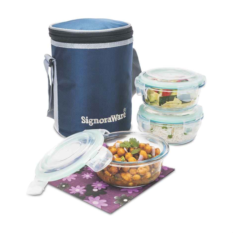 Signoraware Borosilicate Glass Lunch Box | Set of 3 | Clear | Glass Lunch Box Set
