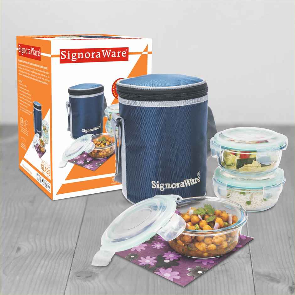 Signoraware Borosilicate Glass Lunch Box | Set of 3 | Clear | Glass Lunch Box Set