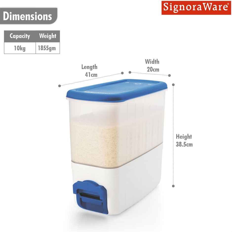 Signoraware Rice Dispenser Container | 10 kg | Blue | Rice Storage Box