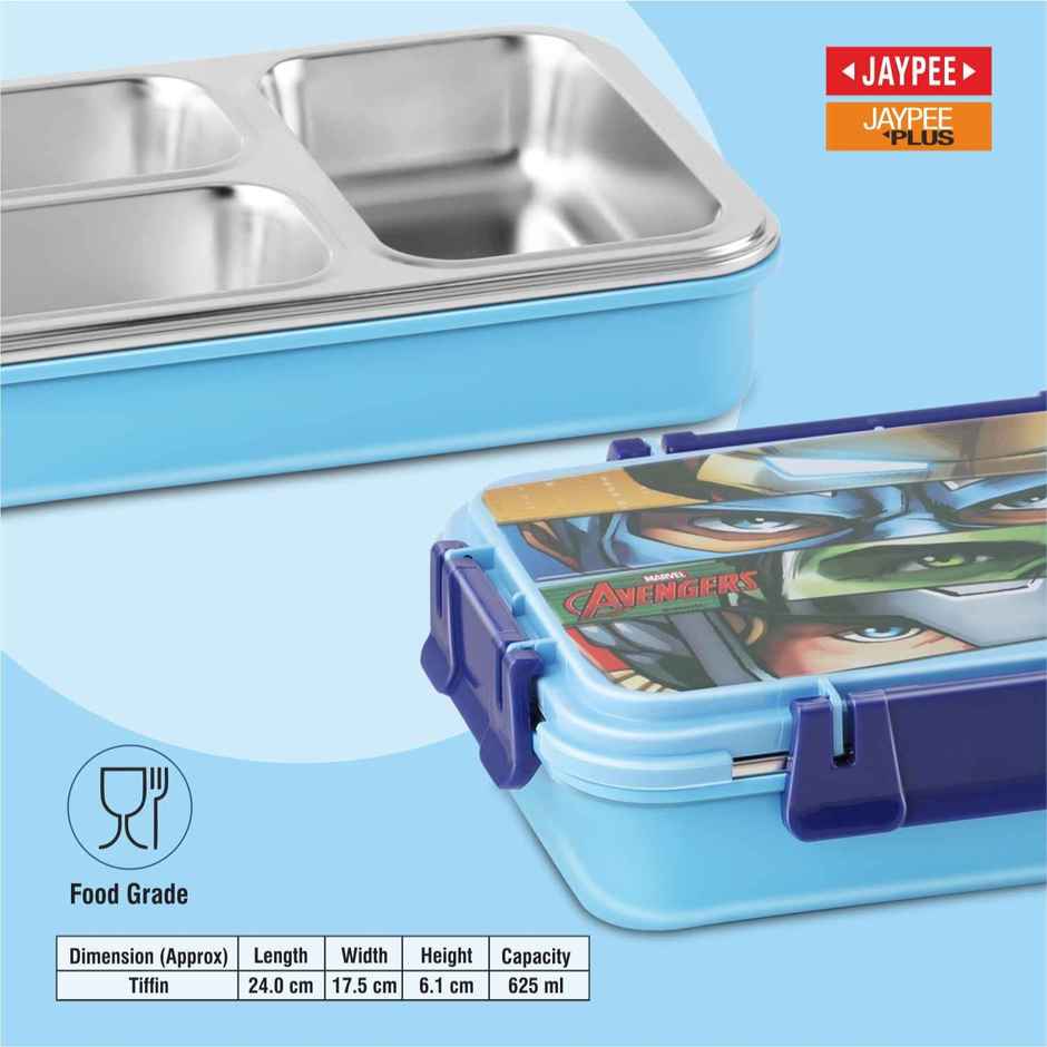 Jaypee Toonbox 3 Compartment Stainless Steel Insulated Lunch Box for School Kids, SkyBlue, 625ml