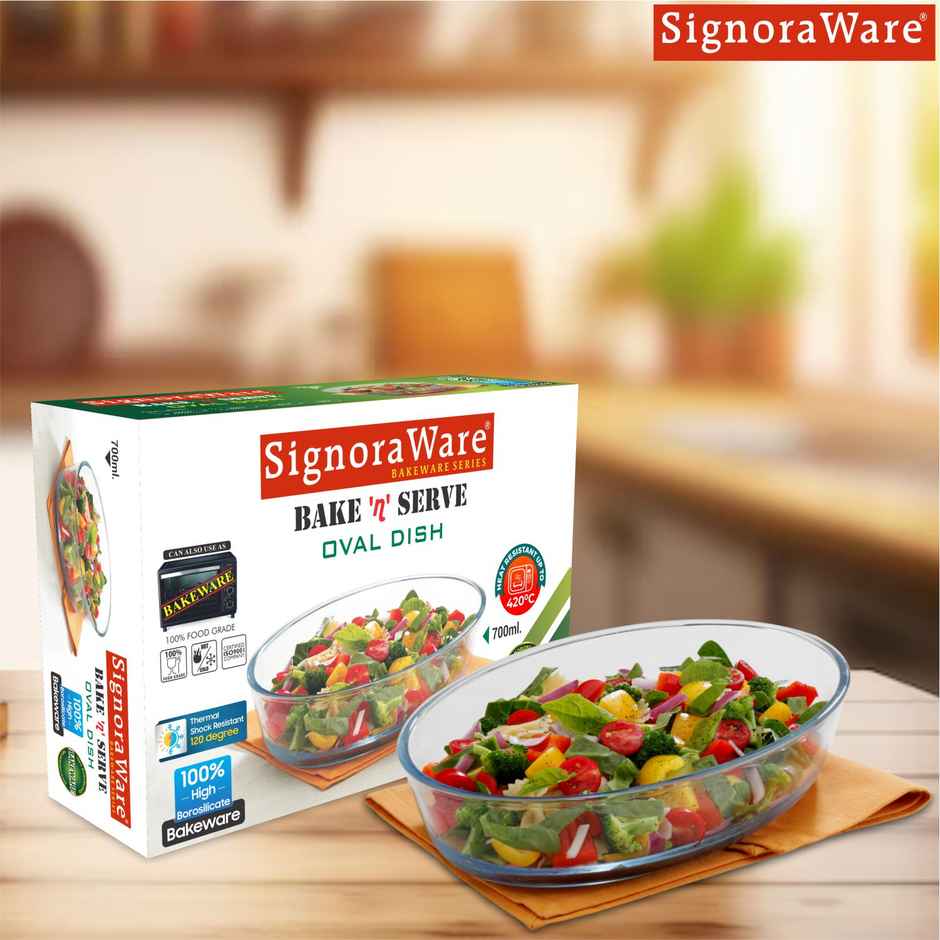 Signoraware Bake N Serve Oval Dish | 700 ml | Clear | Oven Safe Dish, Glass Bakeware