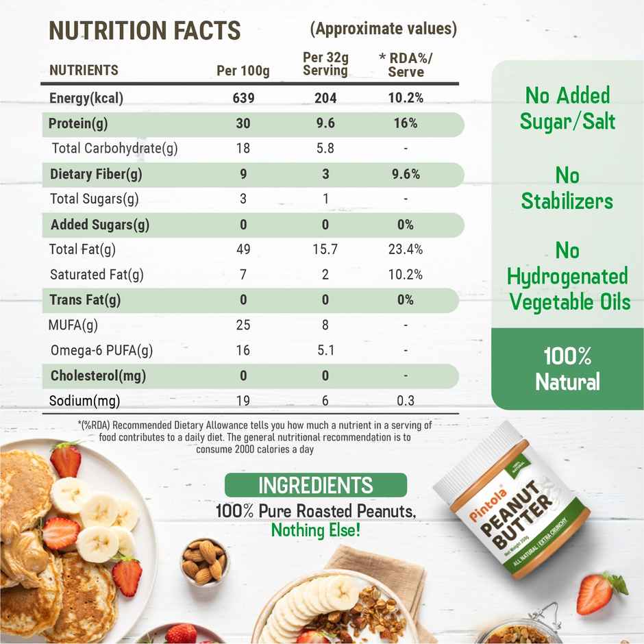 Pintola All Natural Peanut Butter, Extra Crunchy, Unsweetened, 30g Protein, Vegan, Gluten Free