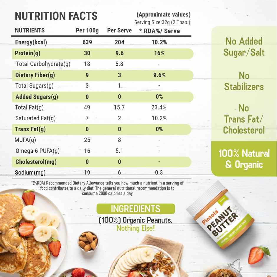 Pintola Organic Unsweetened Peanut Butter Creamy - High Protein 30G & 9G Dietary Fiber