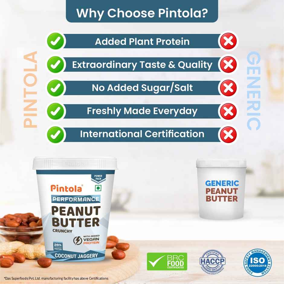 Pintola Coconut Jaggery Performance Series Peanut Butter (Crunchy) Vegan Protein 28% Protein