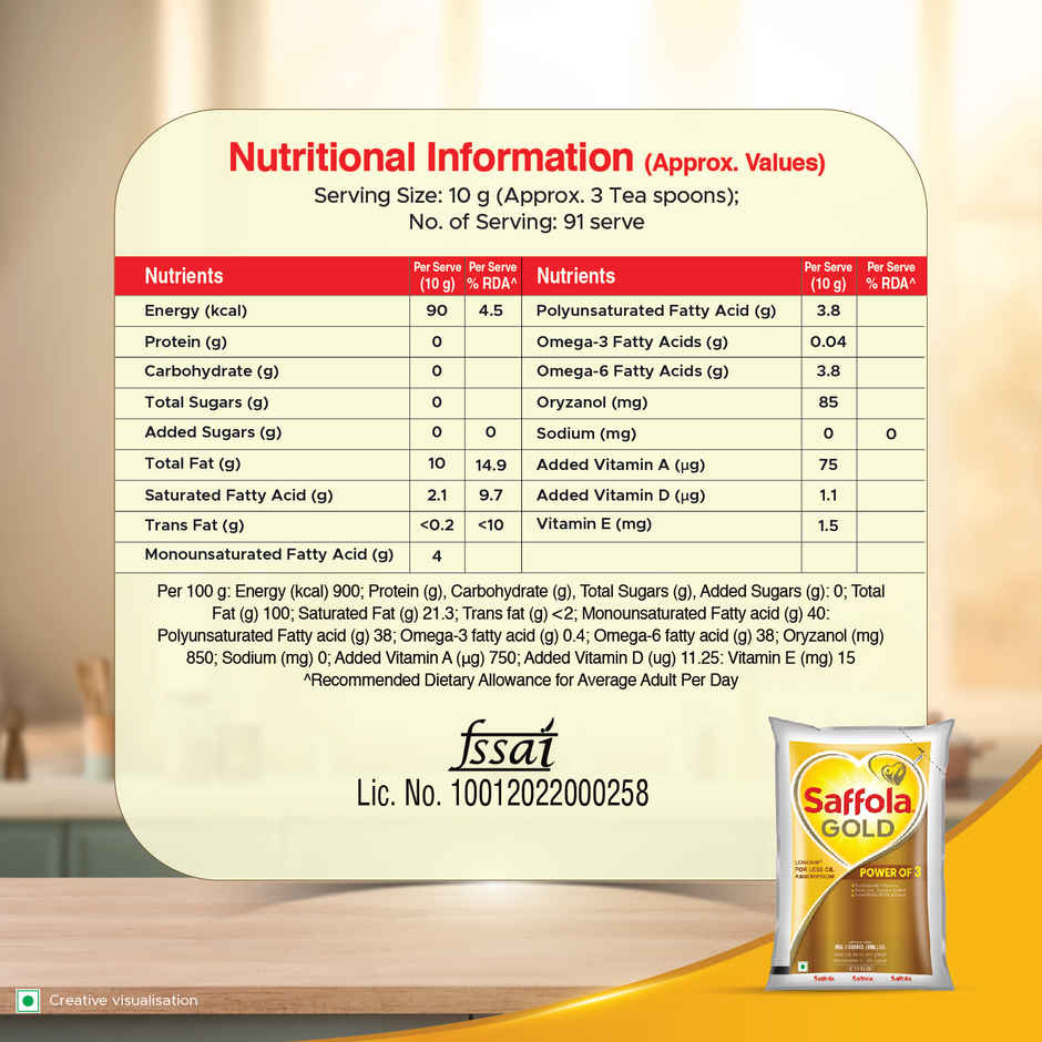 Saffola Gold | Rice Bran & Sunflower Multi-source Edible Oil | Less Oil Absorption | Vitamin A & D