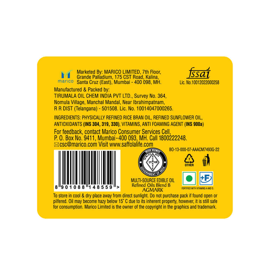 Saffola Total | Rice Bran & Sunflower Multi-source Edible Oil | Less oil absorption | Vitamin A & D