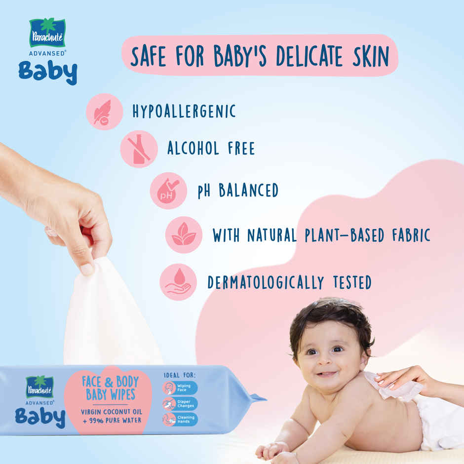 Parachute Advansed Baby Face & Body Baby Wipes with Virgin Coconut Oil & 99% Pure Water