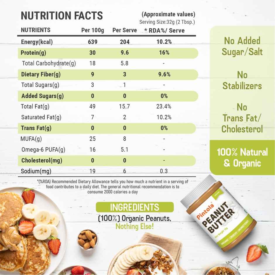 Pintola Organic Unsweetened Peanut Butter Crunchy - High Protein 30G & 9G Dietary Fiber
