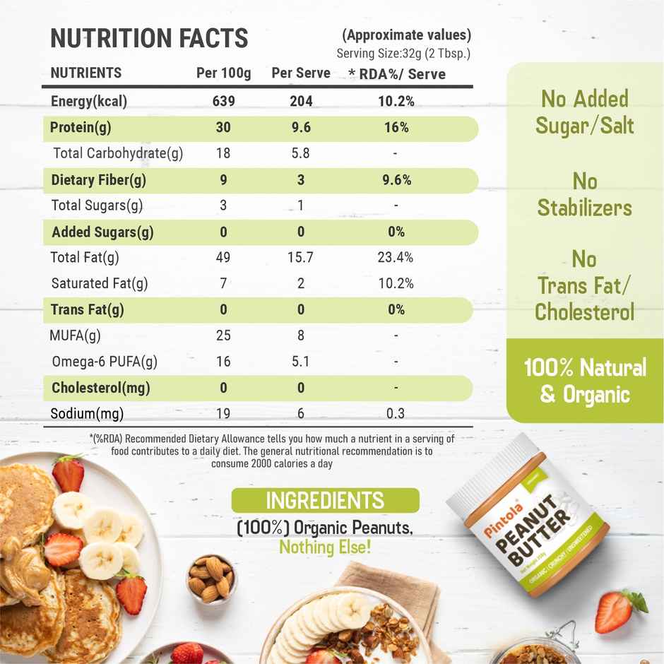 Pintola Organic Unsweetened Peanut Butter Crunchy - High Protein 30G & 9G Dietary Fiber