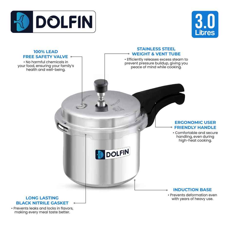 Dolfin Aluminium Outer Lid Pressure Cooker - 3L | Gas and Induction Stove Compatible
