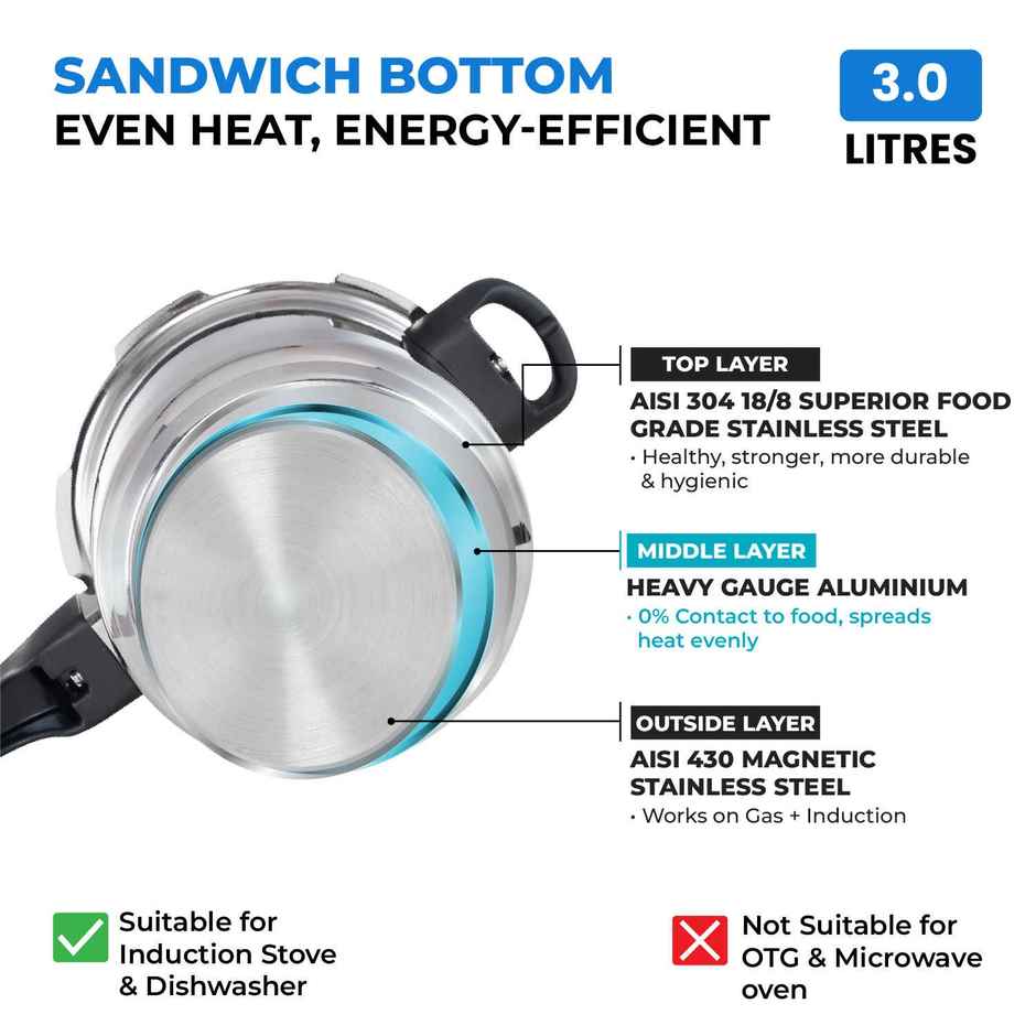 Dolfin Stainless Steel Outer Lid Pressure Cooker Induction Bottom - 3 L