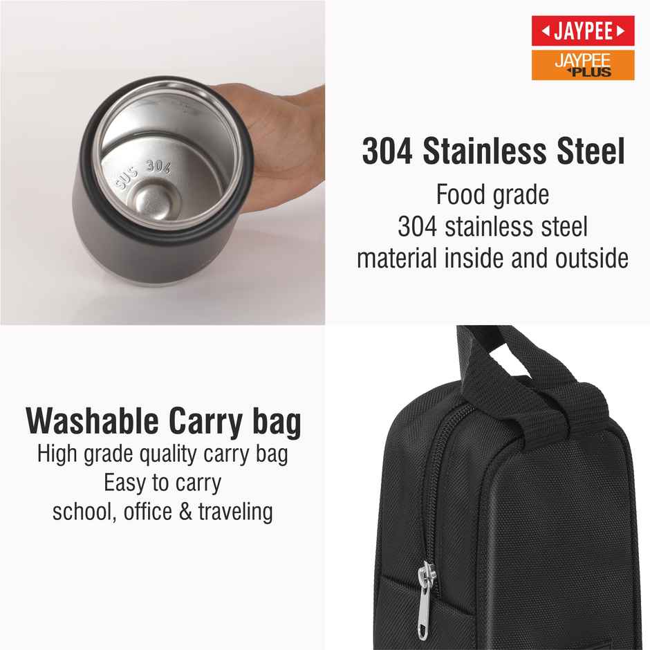 Jaypee Plus Nutri Jar Vacuum Insulated Stainless Steel Food Jar with Bag & Spoon | Black - 400ml