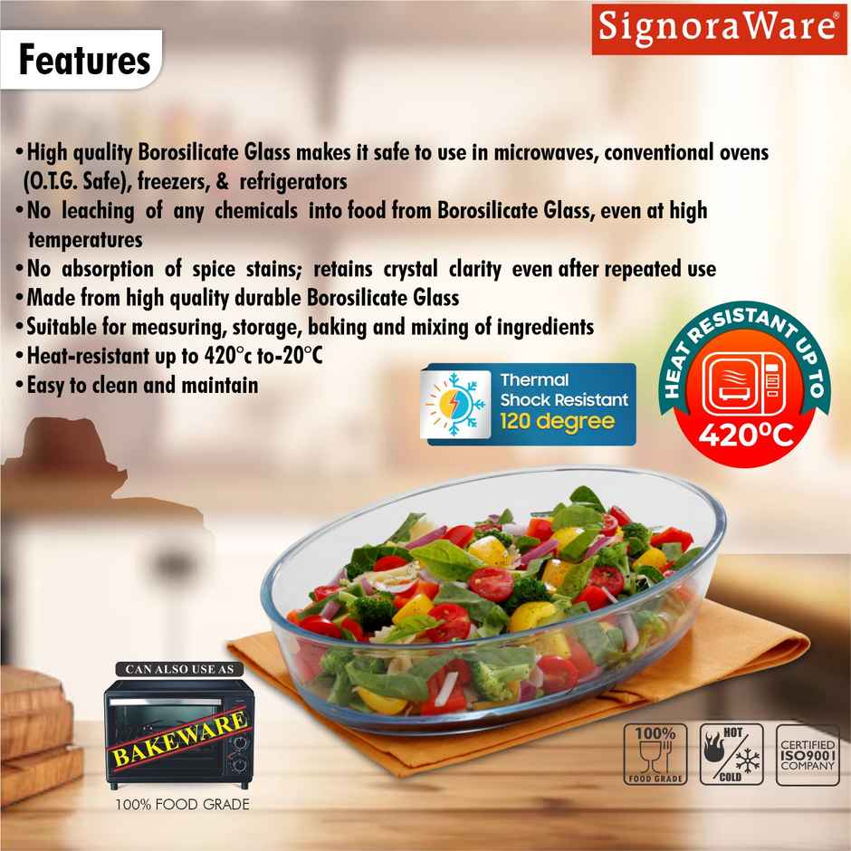 Signoraware Bake N Serve Oval Dish | 700 ml | Clear | Oven Safe Dish, Glass Bakeware