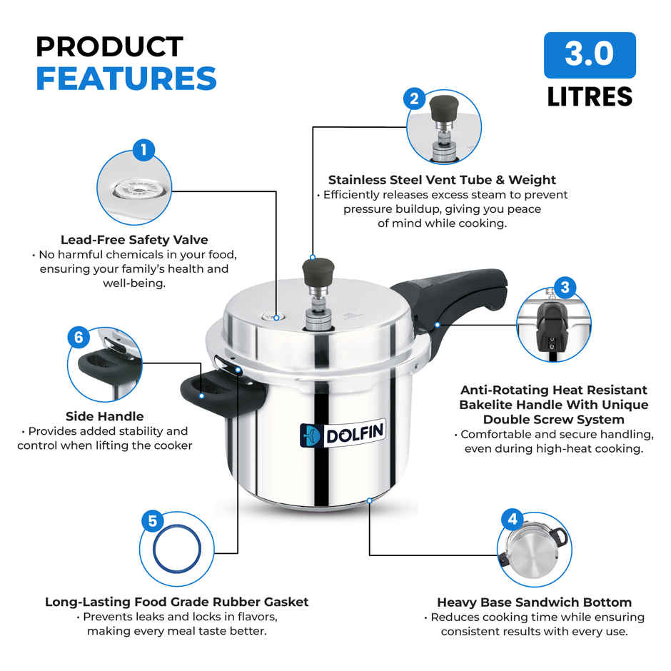 Dolfin Stainless Steel Outer Lid Pressure Cooker Induction Bottom - 3 L