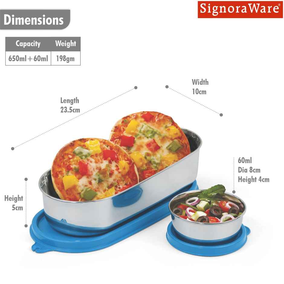 Signoraware Feast Oval Steel Lunch Box Food Grade Stainless Steel Blue