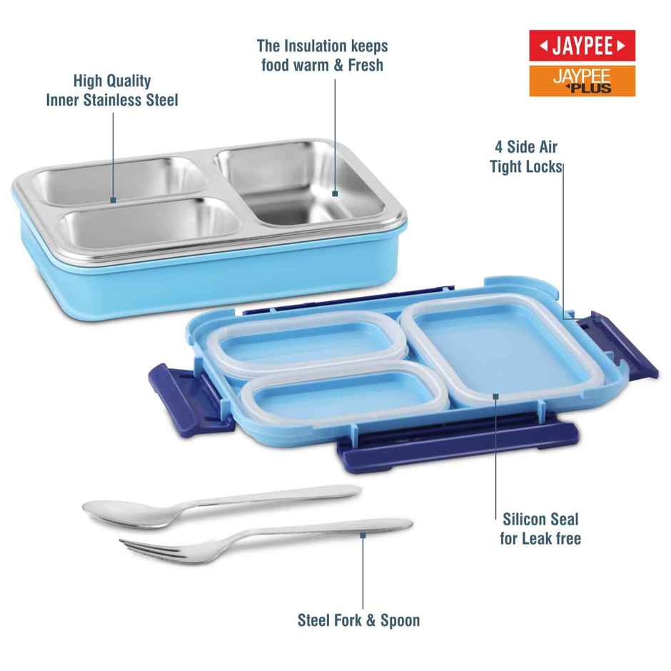 Jaypee Toonbox 3 Compartment Stainless Steel Insulated Lunch Box for School Kids, SkyBlue, 625ml