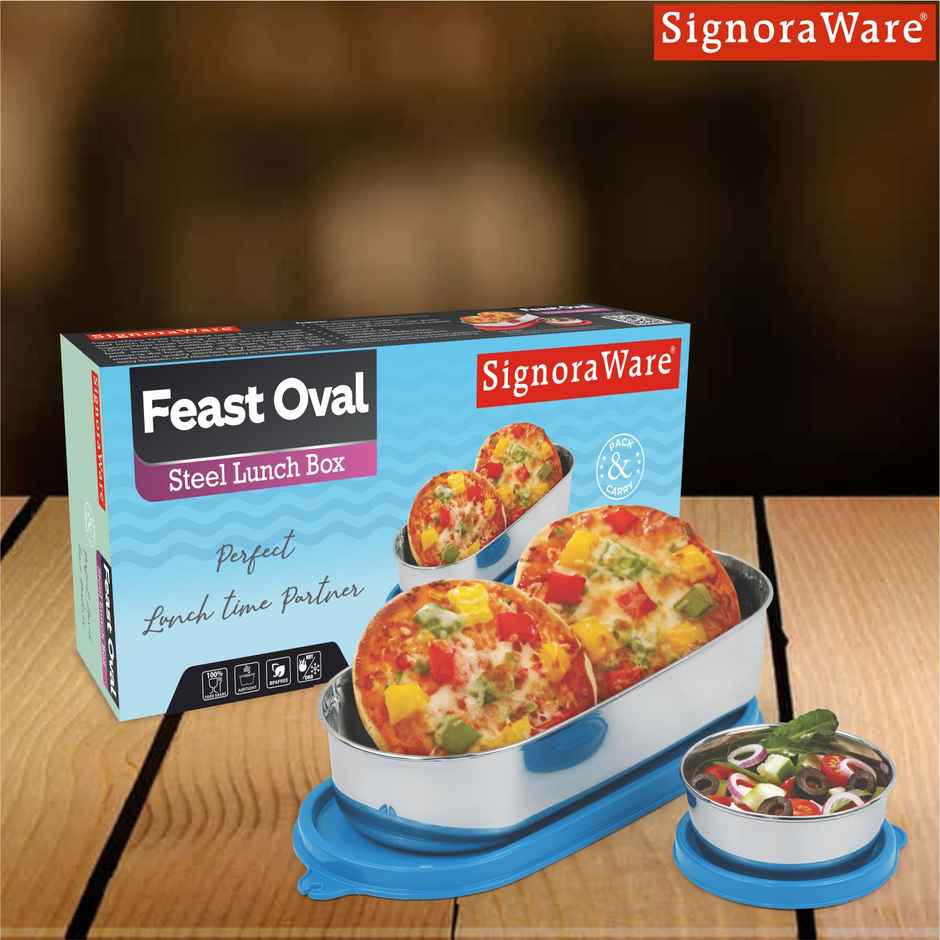 Signoraware Feast Oval Steel Lunch Box Food Grade Stainless Steel Blue