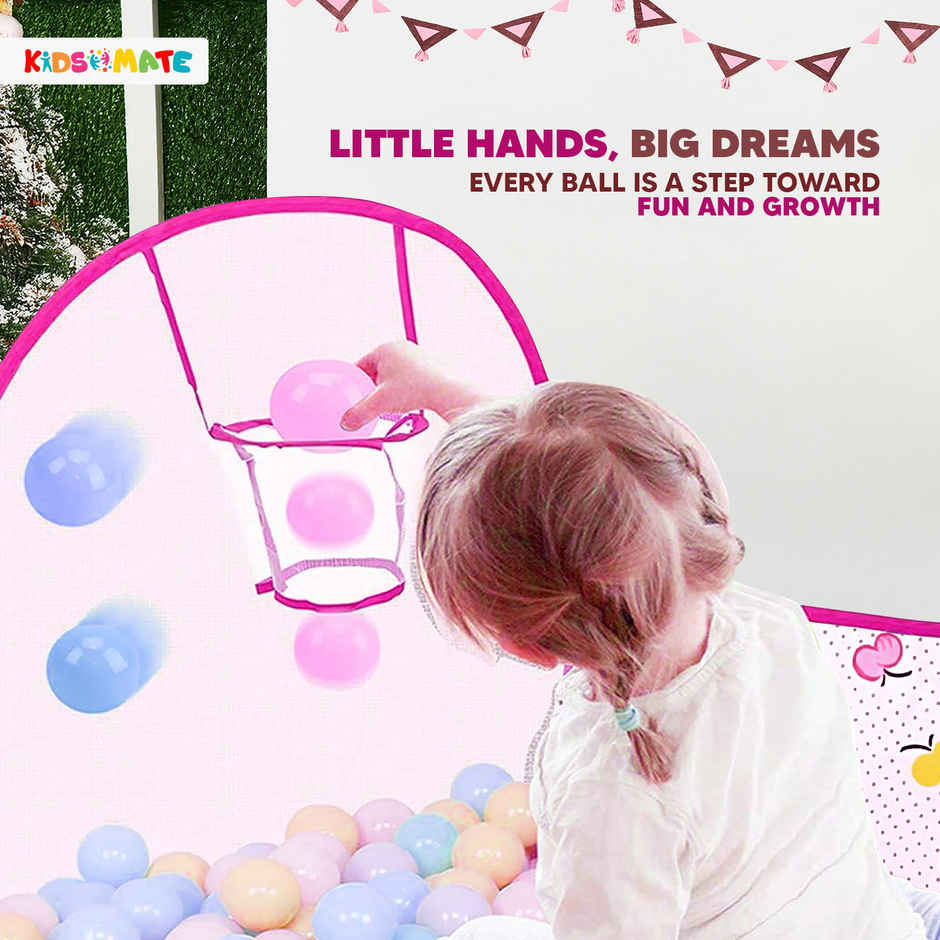 Kidsmate Foldable Hexa Ball Pool for Kids | Pop-Up Playhouse with Dotted Print & Mesh Walls | Pink