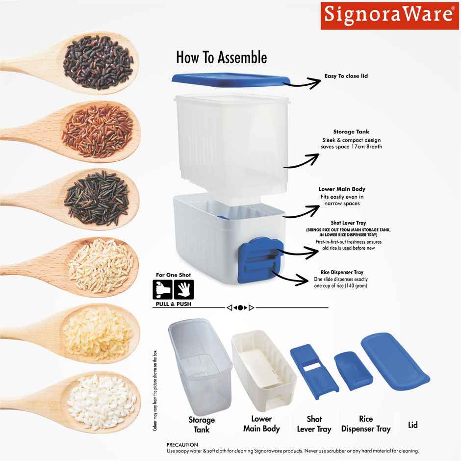 Signoraware Rice Dispenser Container | 10 kg | Blue | Rice Storage Box