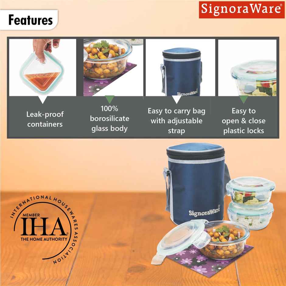 Signoraware Borosilicate Glass Lunch Box | Set of 3 | Clear | Glass Lunch Box Set