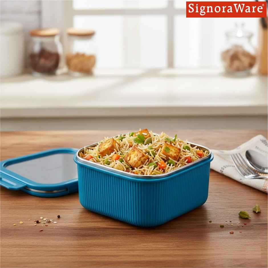 Signoraware Lock N Store Stainless Steel Square Container | 400 ml | Blue