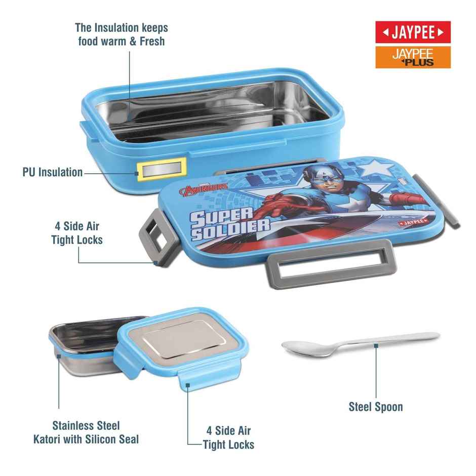 Jaypee Maxteel Sr Stainless Steel Insulated Lunch Box for Kids, Super Soldier Blue, (900ml,180ml)