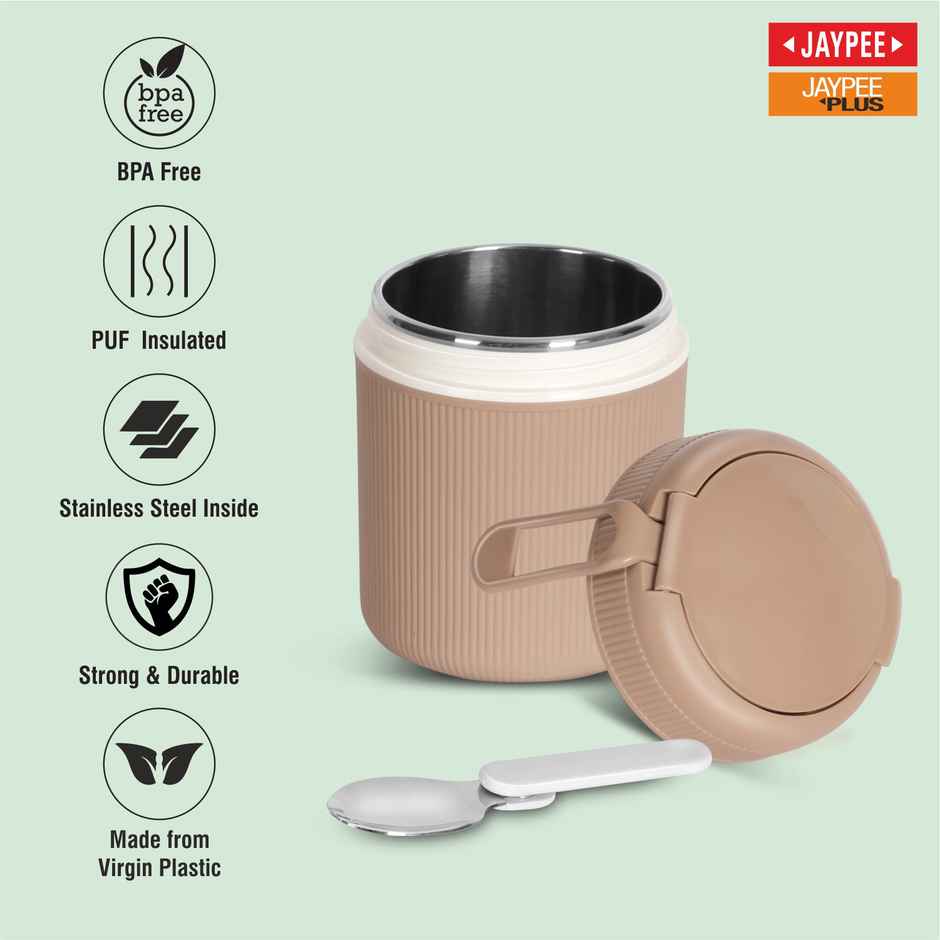 Jaypee SoloMeal PU Insulated Inner Stainless Steel Food Jar with Foldable Spoon | Brown - 500ml