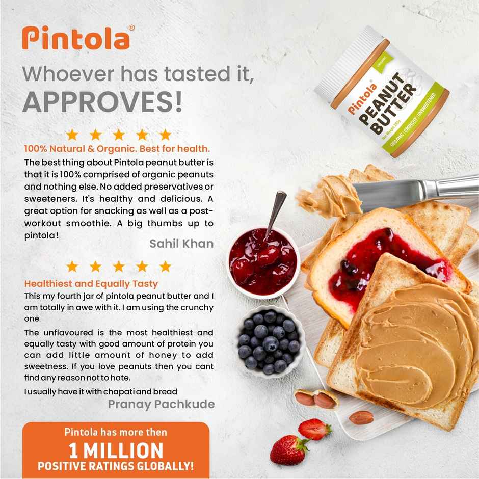 Pintola Organic Unsweetened Peanut Butter Crunchy - High Protein 30G & 9G Dietary Fiber