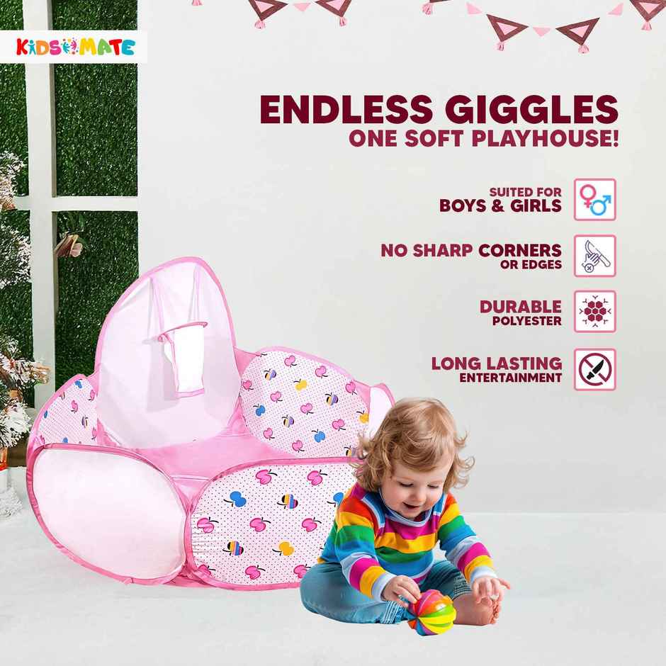 Kidsmate Foldable Hexa Ball Pool for Kids | Pop-Up Playhouse with Dotted Print & Mesh Walls | Pink