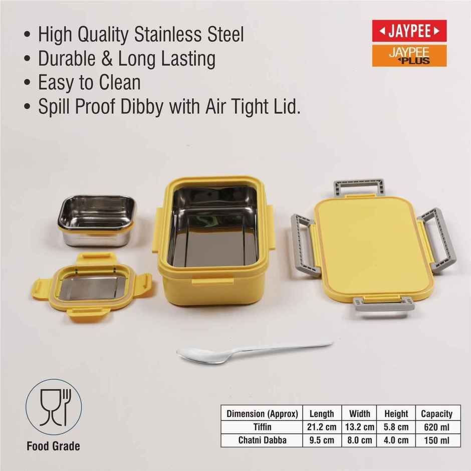 Jaypee Maxteel Jr Stainless Steel Insulated Lunch Box for School Kids, Yellow, (620+150 ml)